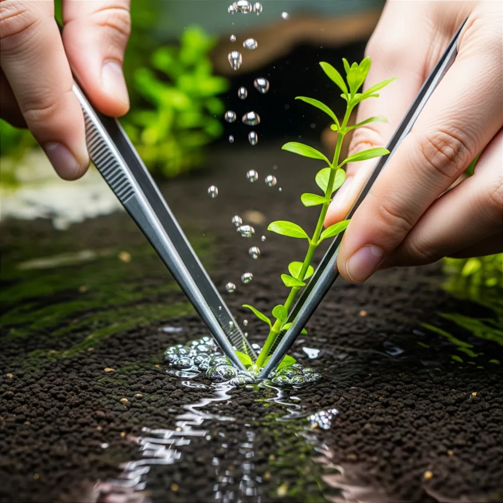 Pessoa utilizando uma pinça para plantar uma planta de caule no substrato
