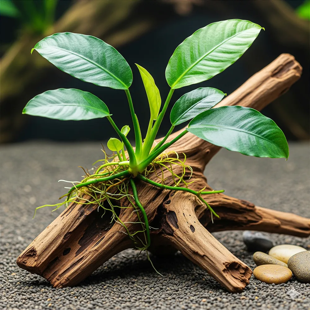 Planta do tipo Anubia amarrada a um tronco de aquário