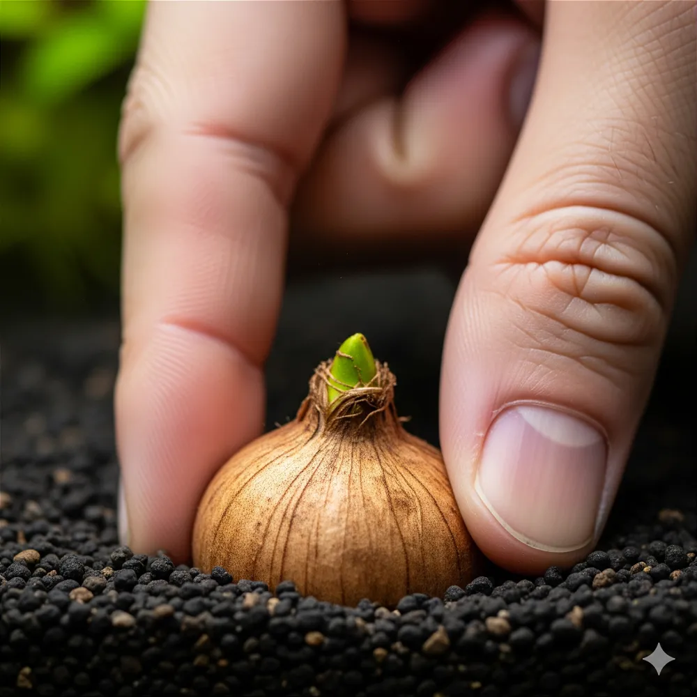 Bulbo de uma planta Nymphaea sendo plantado no aquário